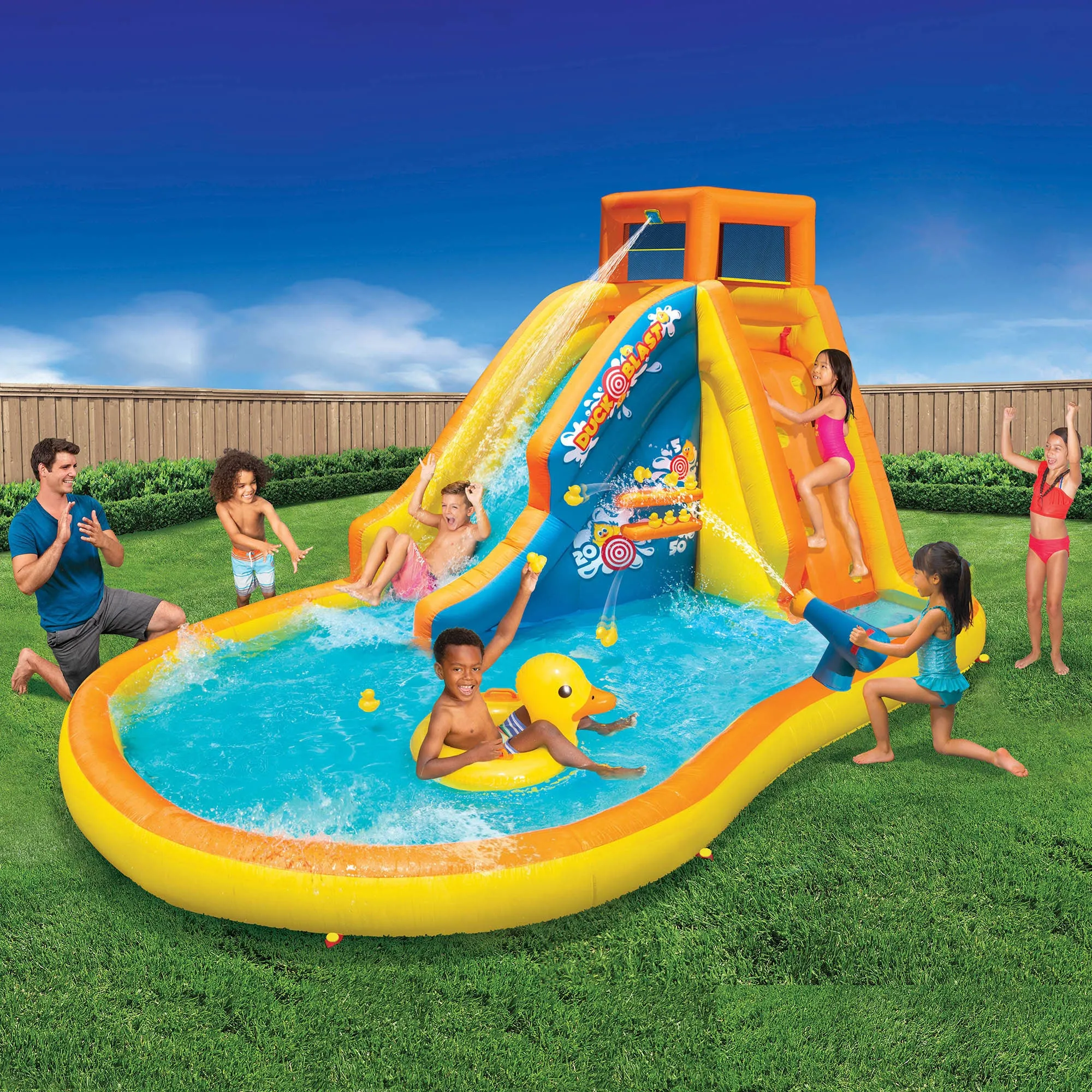 Banzai Duck Blast Water Park Inflatable Slide w/Pool Float & Water Cannon (Used)