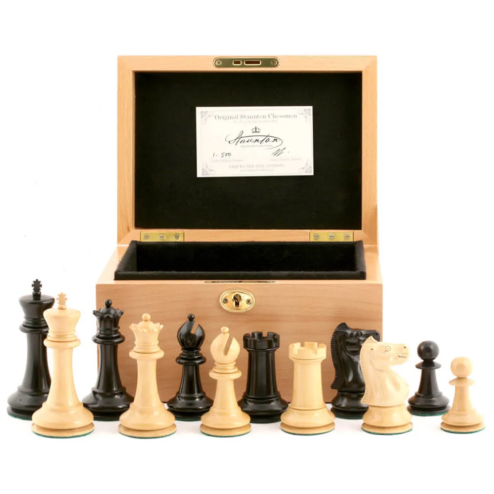 Antique 1869 4-Inch Boxwood and Ebony Chess Pieces Set in Elegant Beech Box