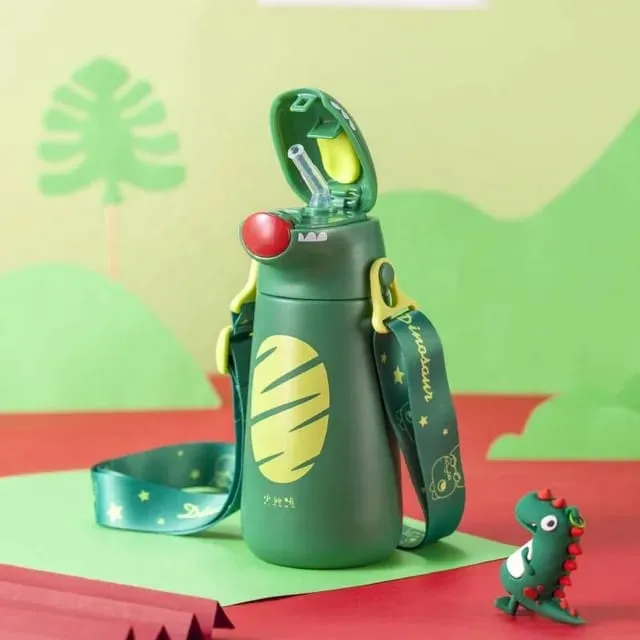 Dino Insulated Kids Water Bottle – Vacuum Flask with Straw & Strap