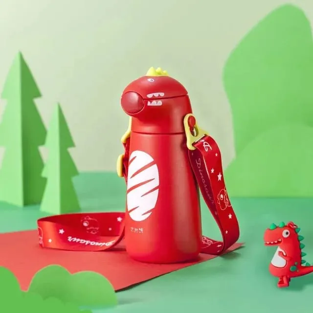 Dino Insulated Kids Water Bottle – Vacuum Flask with Straw & Strap