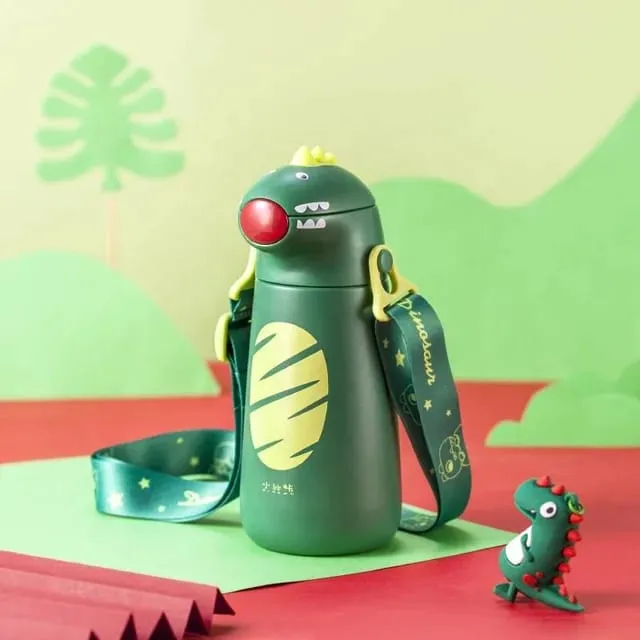 Dino Insulated Kids Water Bottle – Vacuum Flask with Straw & Strap