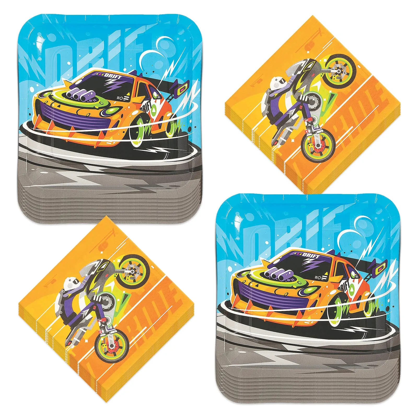 Dirt Bike Party & Hot Race Car Paper Dinner Plates and Lunch Napkins (Serves 16)