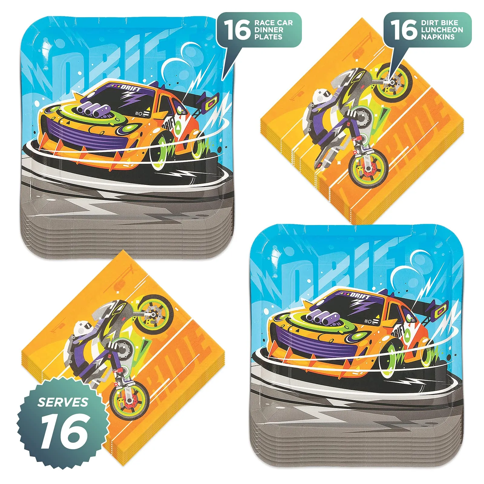 Dirt Bike Party & Hot Race Car Paper Dinner Plates and Lunch Napkins (Serves 16)