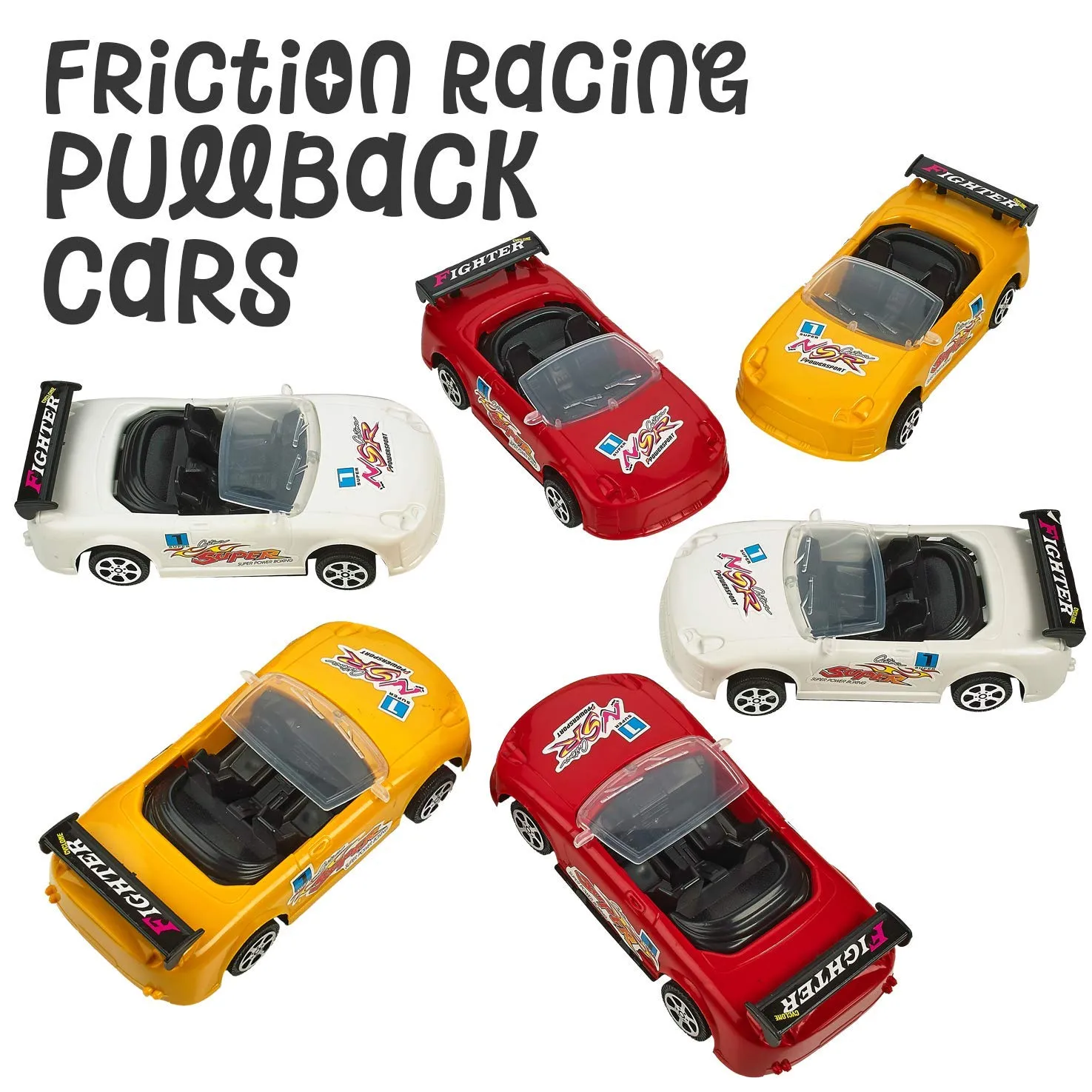 Kicko Friction Powered Pullback Race Cars - 6 Pack - Fast Speed Convertibles - Multicolor