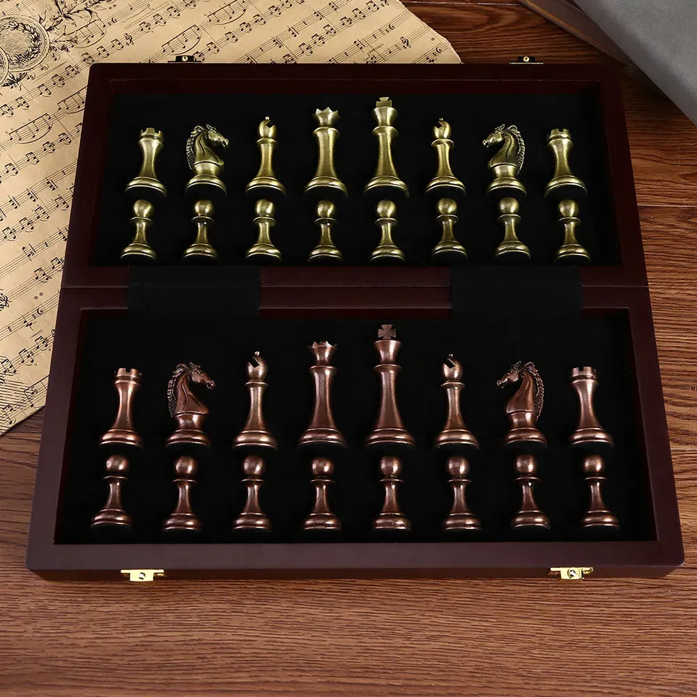 Metal Medieval Chess Set with High Quality Wooden Chessboard Adult and Children 32 Metal Chess Pieces Family Game Toy Gift