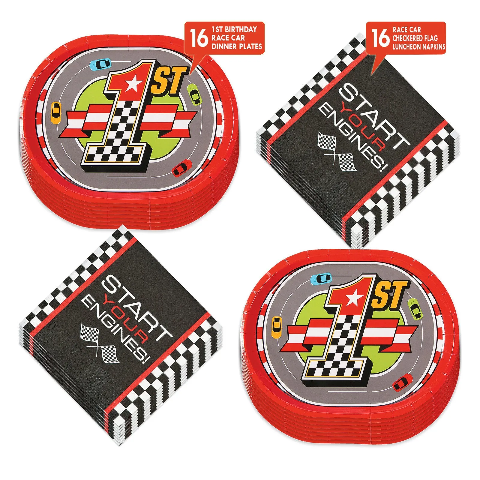 Raceway Party Oval Paper Dinner Plates and Lunch Napkins for Race Car Parties (Serves 16)