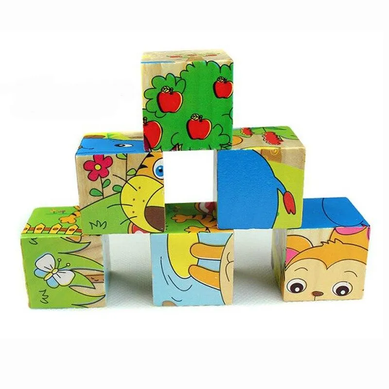 Wooden Animal Puzzle Kids Toys 6 Sides Wisdom Jigsaw Early Education Learning Toys Tangram Children Game 9pcs 3D