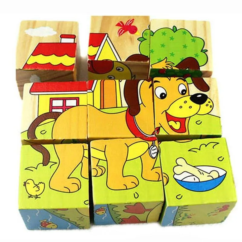 Wooden Animal Puzzle Kids Toys 6 Sides Wisdom Jigsaw Early Education Learning Toys Tangram Children Game 9pcs 3D