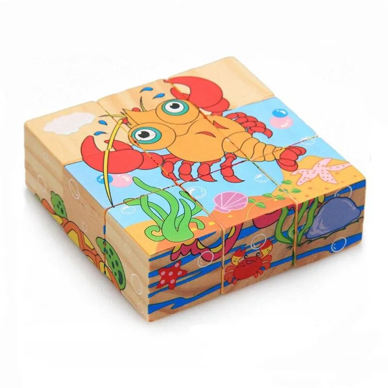 Wooden Animal Puzzle Kids Toys 6 Sides Wisdom Jigsaw Early Education Learning Toys Tangram Children Game 9pcs 3D