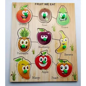 Wooden Jigsaw Puzzles Pre-school Early Learning Toy for Kids Toddlers Multicolor Fruits Name With Shapes Design-2 Educational Games